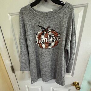 Rustic Thanksgiving Tunic Top - Boho Leopard Print Pumpkin Cozy Lounge Sweater M